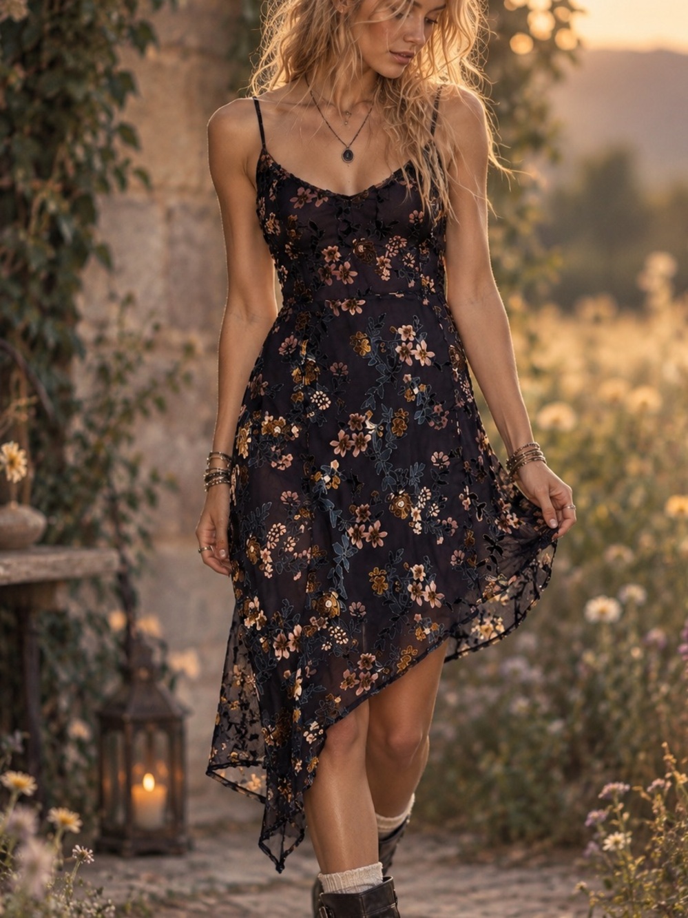 Lulu’s M Black Floral Velvet Burnout Asymmetrical Dress Whimsigoth Fairy Grunge